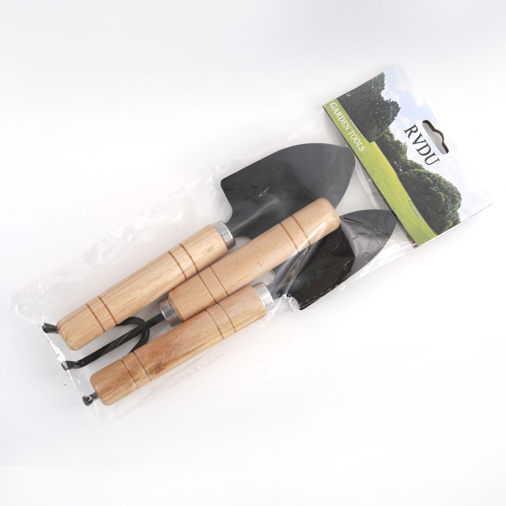 RVDU SMALL RAKE AND SHOVEL SET, 3 PIECE MINI GARDEN TOOLS SET, WOODEN HANDLE KIT MADE OF HIGH-CARBON STEEL, FOR SEEDLINGS, BONSAI, SUCCULENTS, HERBS, INDOOR OUTDOOR CARE BEST GARDENING GIFTS
