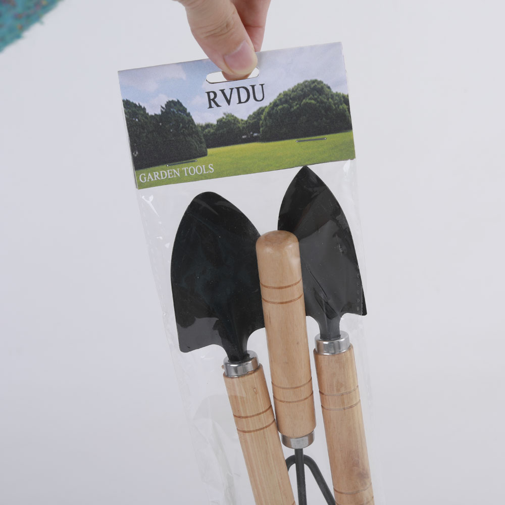 RVDU SMALL RAKE AND SHOVEL SET, 3 PIECE MINI GARDEN TOOLS SET, WOODEN HANDLE KIT MADE OF HIGH-CARBON STEEL, FOR SEEDLINGS, BONSAI, SUCCULENTS, HERBS, INDOOR OUTDOOR CARE BEST GARDENING GIFTS