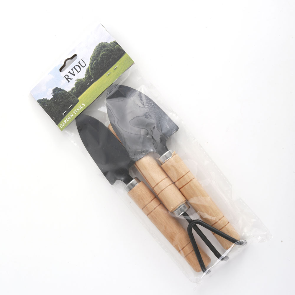 RVDU SMALL RAKE AND SHOVEL SET, 3 PIECE MINI GARDEN TOOLS SET, WOODEN HANDLE KIT MADE OF HIGH-CARBON STEEL, FOR SEEDLINGS, BONSAI, SUCCULENTS, HERBS, INDOOR OUTDOOR CARE BEST GARDENING GIFTS