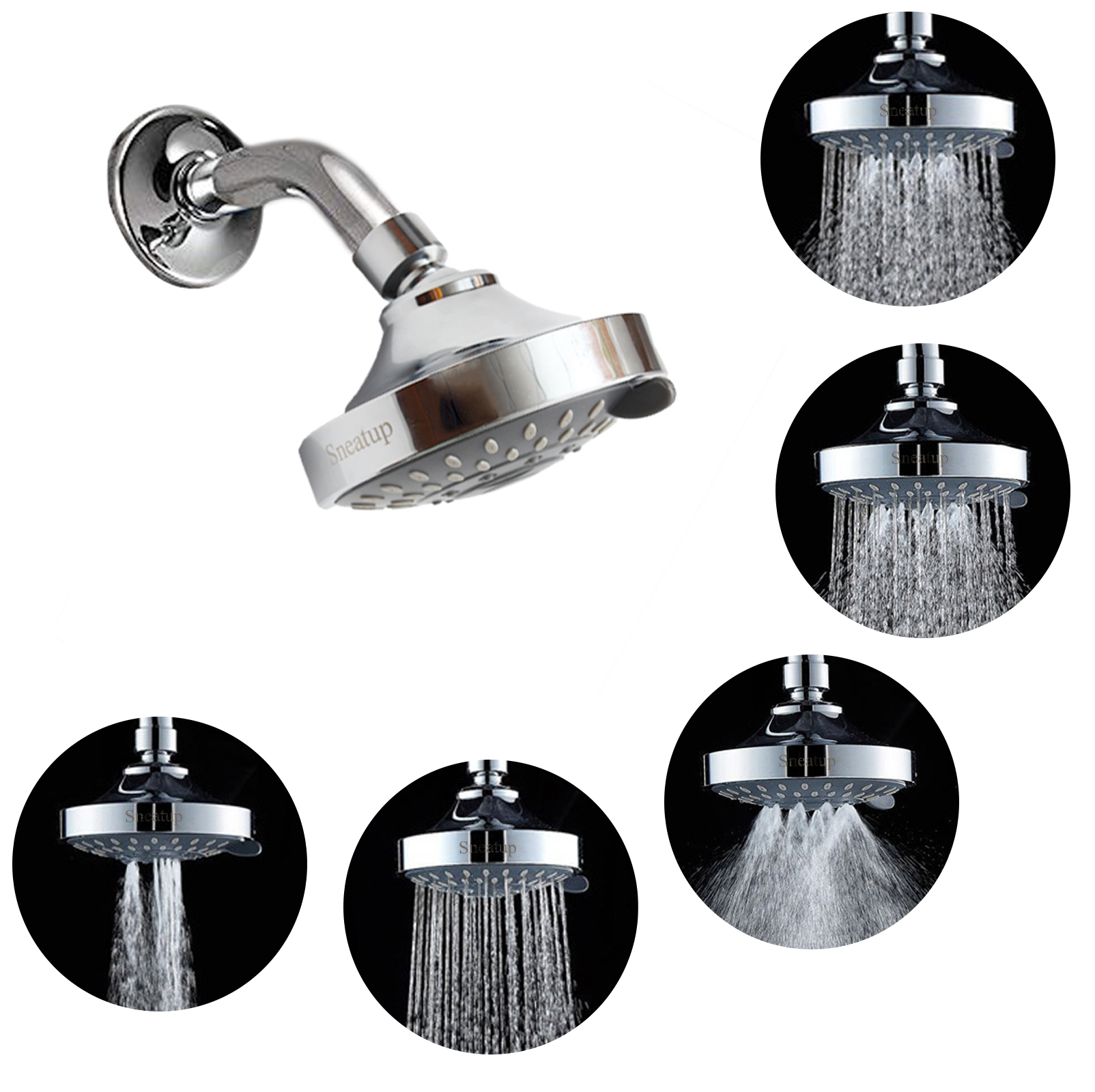 Sneatup Shower heads，4-Inch Rainfall High Pressure Shower Head,Luxury Spa Fixed Showerhead,Adjustable Swivel Joint, 5 Spray Settings Fits Shower Arm Cylindrical Thread Outer Diameter 19 mm