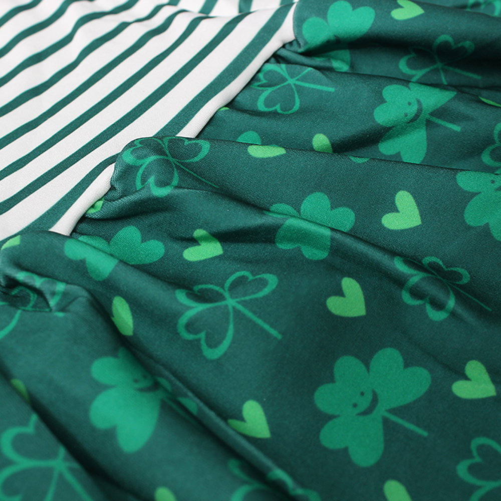 Itibanfuku Little Girls Dress Printed Dress Striped Stitching Short Sleeve Dress （Green-Lucky Grass）