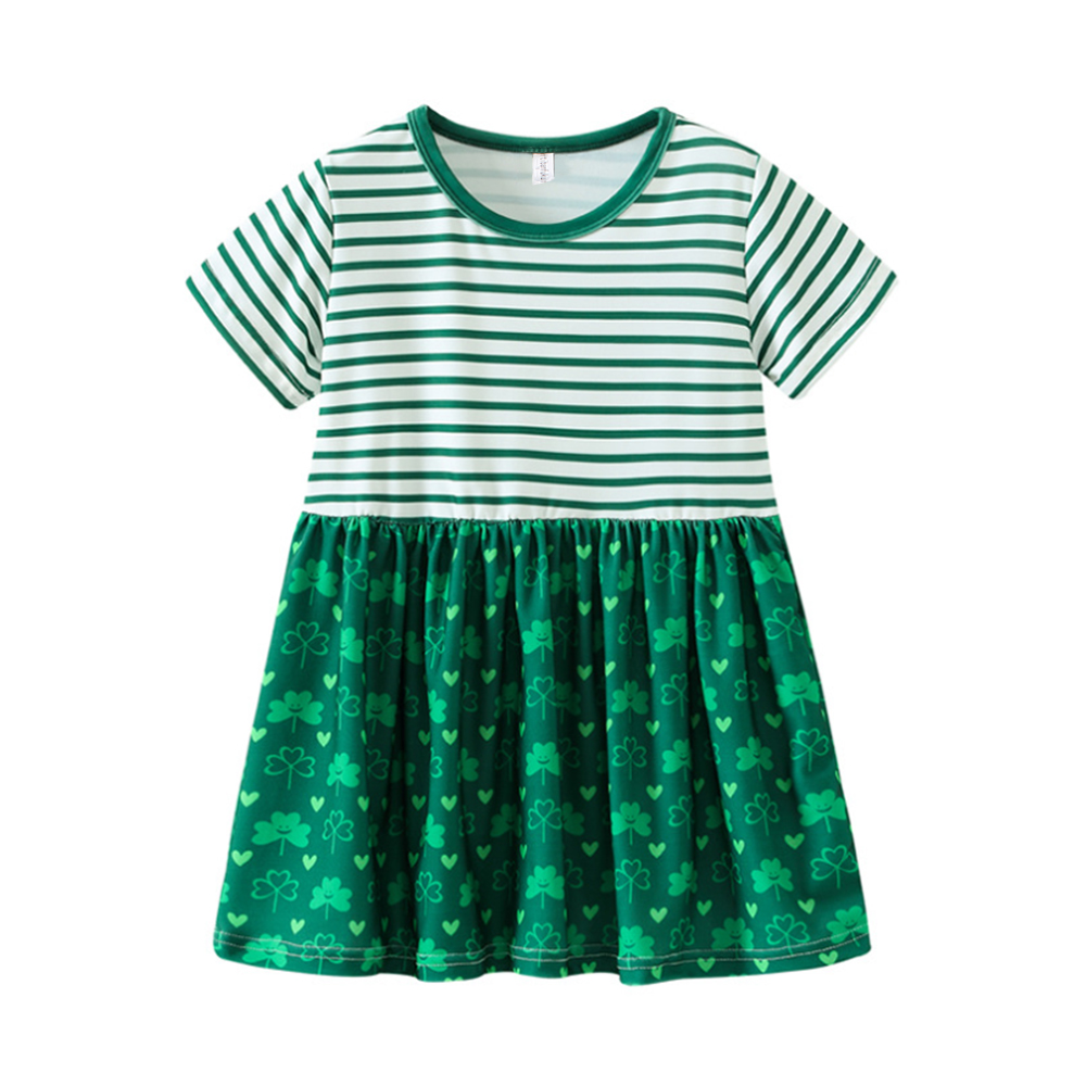 Itibanfuku Little Girls Dress Printed Dress Striped Stitching Short Sleeve Dress （Green-Lucky Grass）