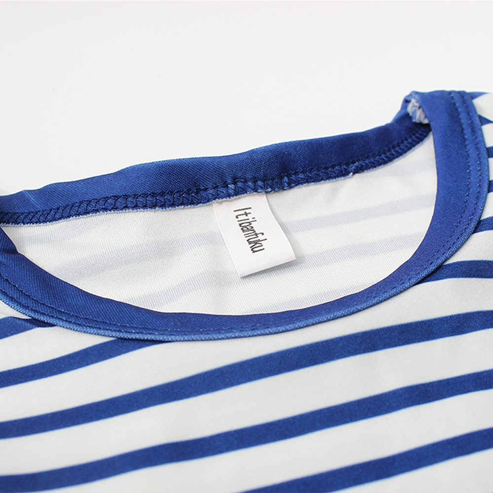 Itibanfuku Little Girls Dress Printed Dress Striped Stitching Short Sleeve Dress（Blue-Artificial Flower）