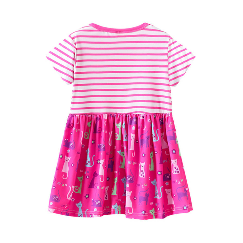 Itibanfuku Little Girls Dress Printed Dress Striped Stitching Short Sleeve Dress（Rose Red-Cat）
