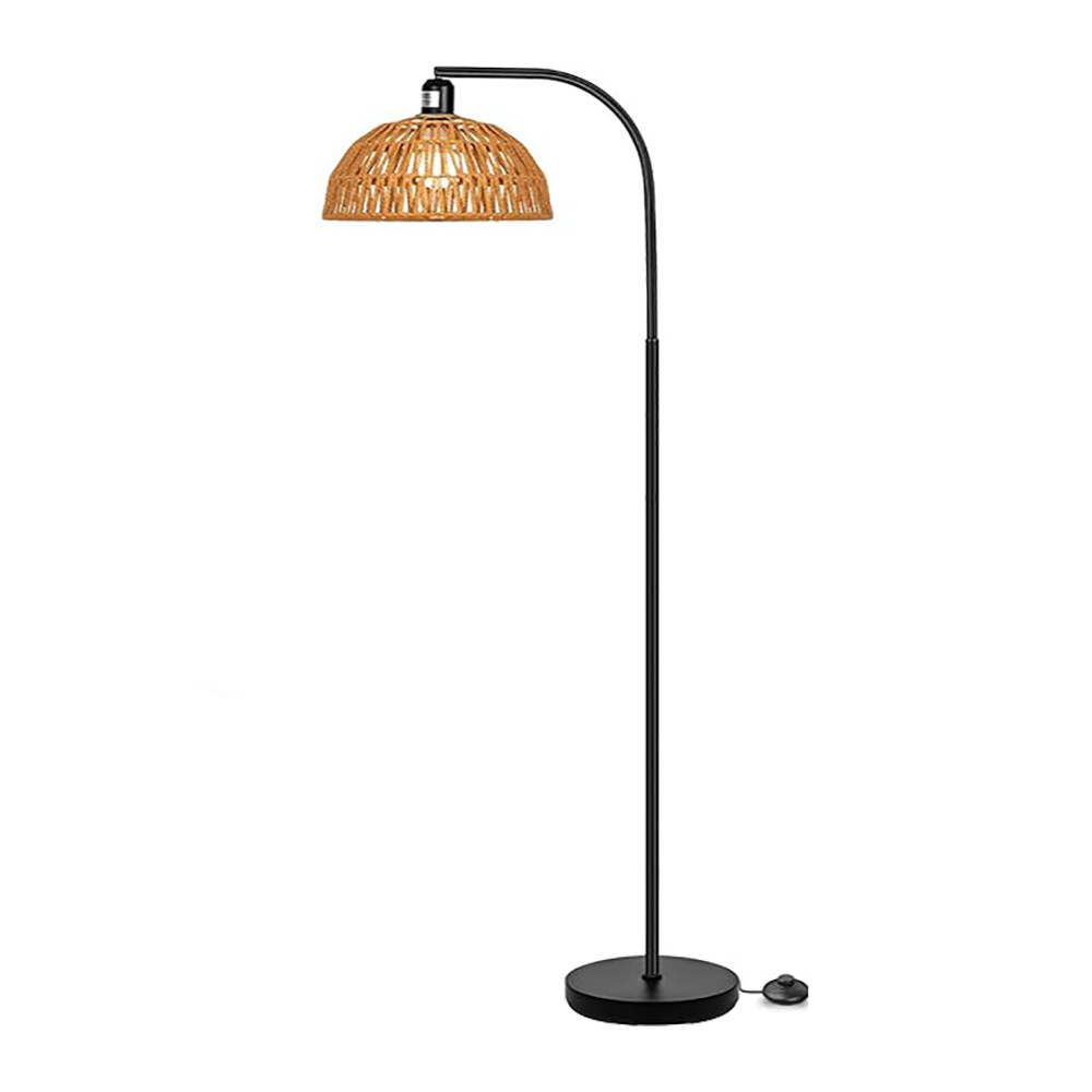 Oyxon Rattan Floor Lamp with Shelves, Farmhouse Tall Floor Lamp with ON/Off Foot Switch, Rustic Standing Lamp with Rattan Shades(Rattan+Black)