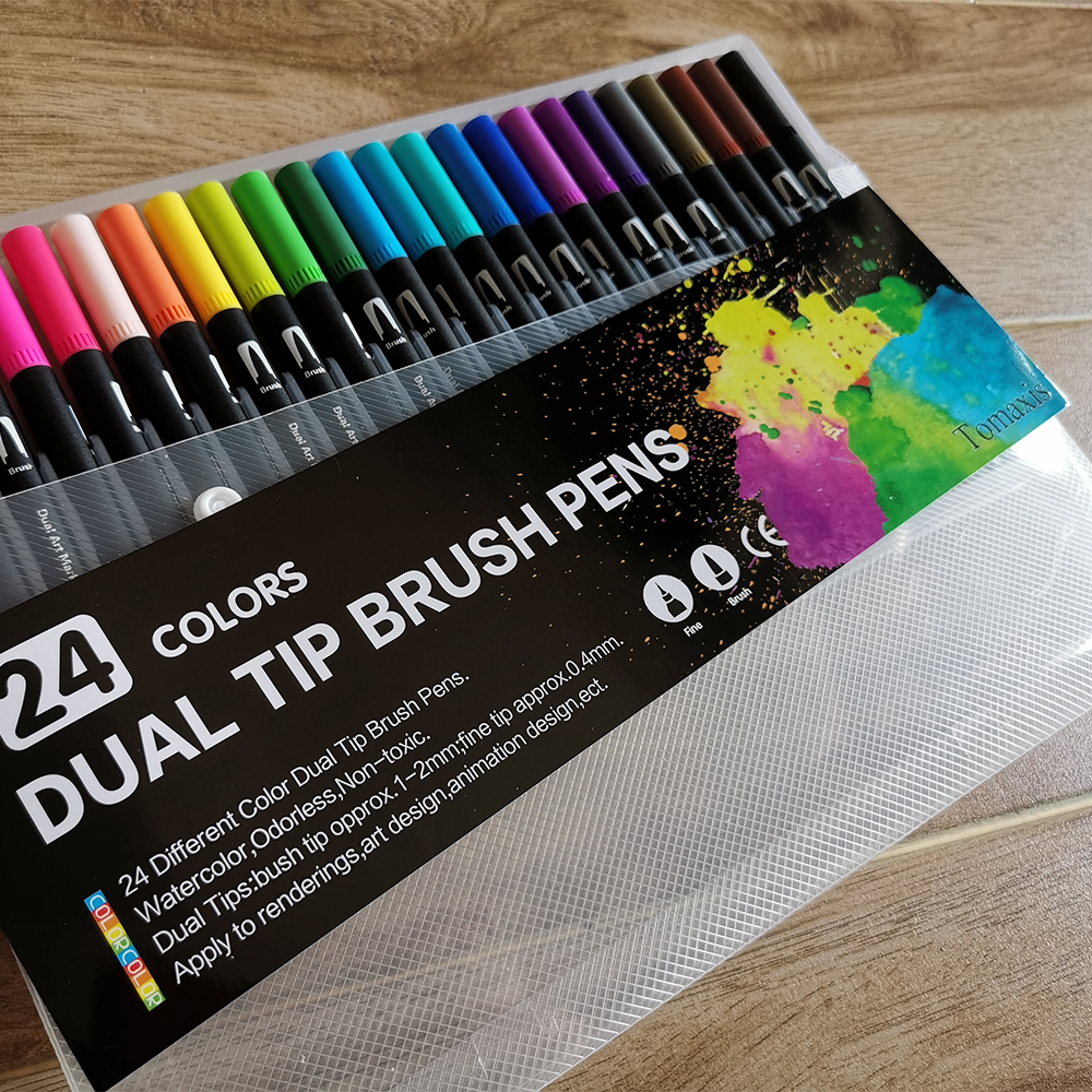 Tomaxis Drawing Pen Black Rod Double Headed Mark Pen Soft Head 24 Color Watercolor Pen Hook Pen Art Supplies