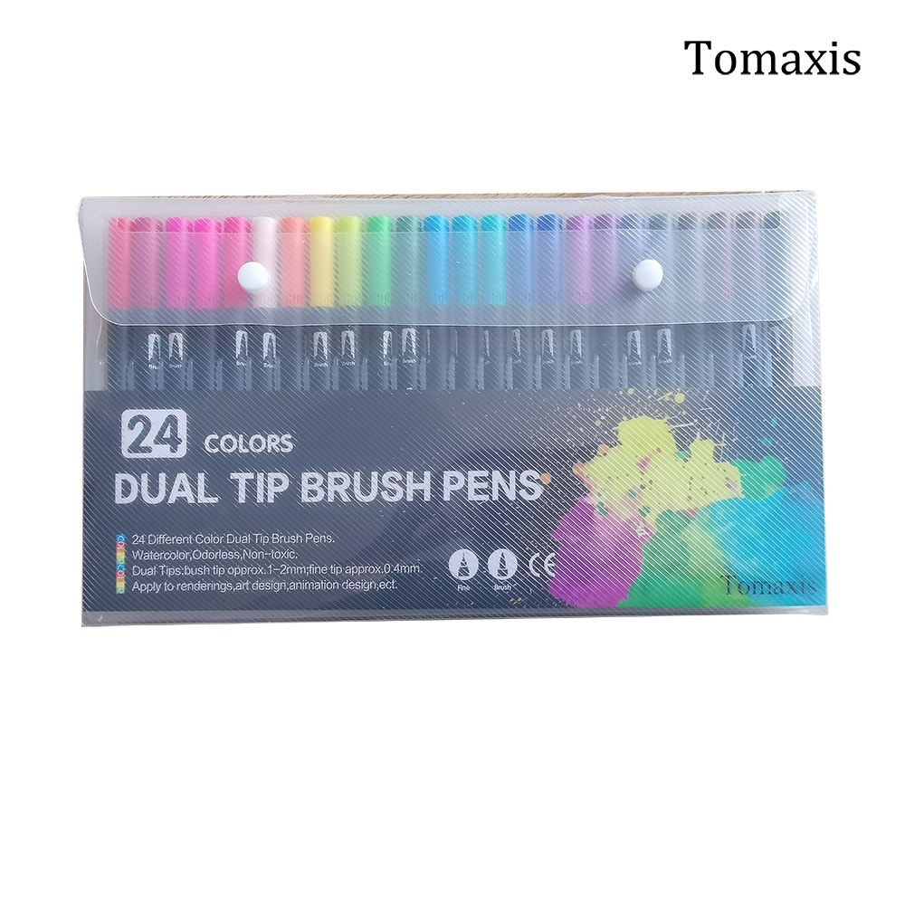 Tomaxis Drawing Pen Black Rod Double Headed Mark Pen Soft Head 24 Color Watercolor Pen Hook Pen Art Supplies