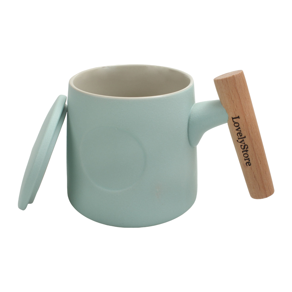 LovelyStore Wooden Handle Ceramic Mug with Lid,450ml/15oz Home Office Ceramic Mug for Tea and Coffee
