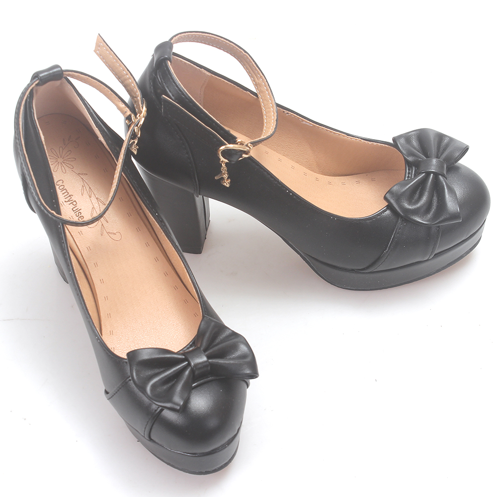 ComfyPulse Women's Black Bowknot Pumps - Ankle Strap Platform ChunkyShoes for Daily Wear & Party