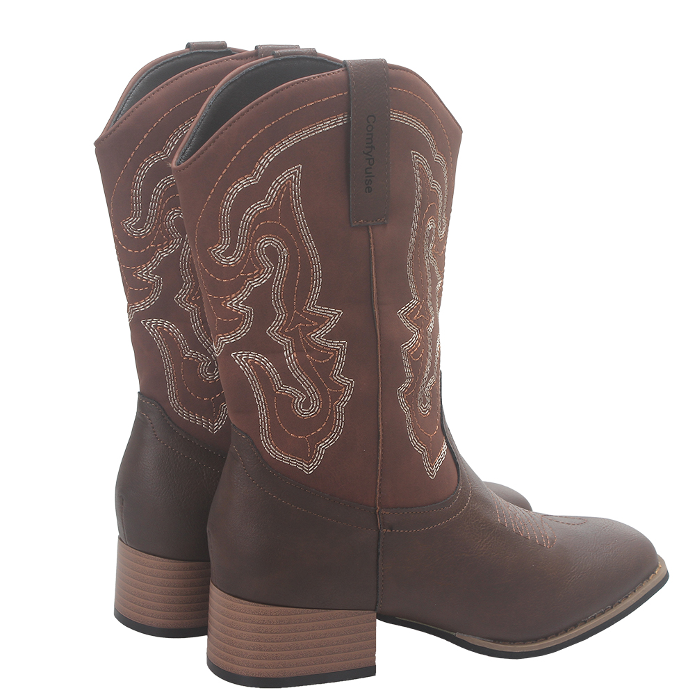 ComfyPulse Western Style Low Heel Comfort Cowboy Boots - Women's Wide Calf Square Toe Embroidered Boots, Non-Slip Mid-Calf Daily Wear Booties