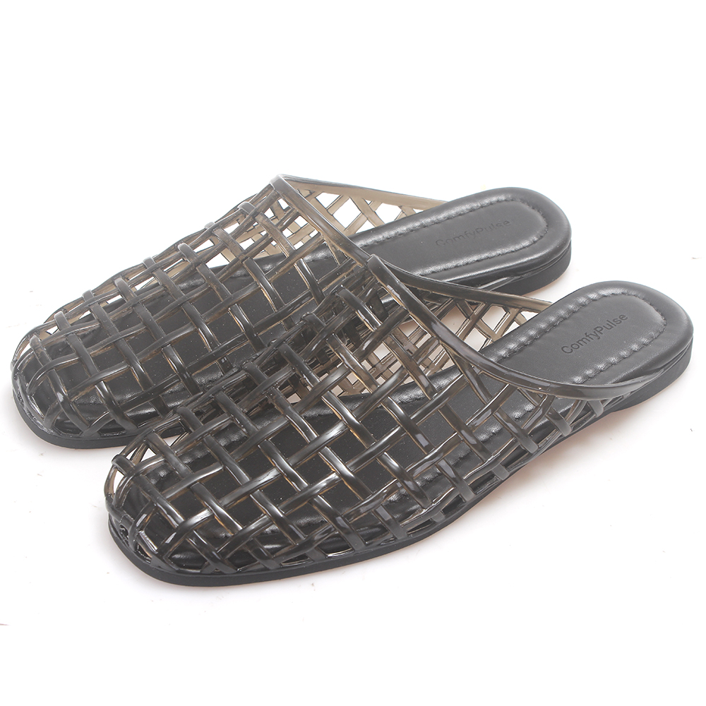 Comfypulse Women's Clear Hollow Mesh Jelly Slides - Non-Slip Slip-On Round Toe Sandals, Comfort Flat Shoes for Summer Beach & Daily Wear