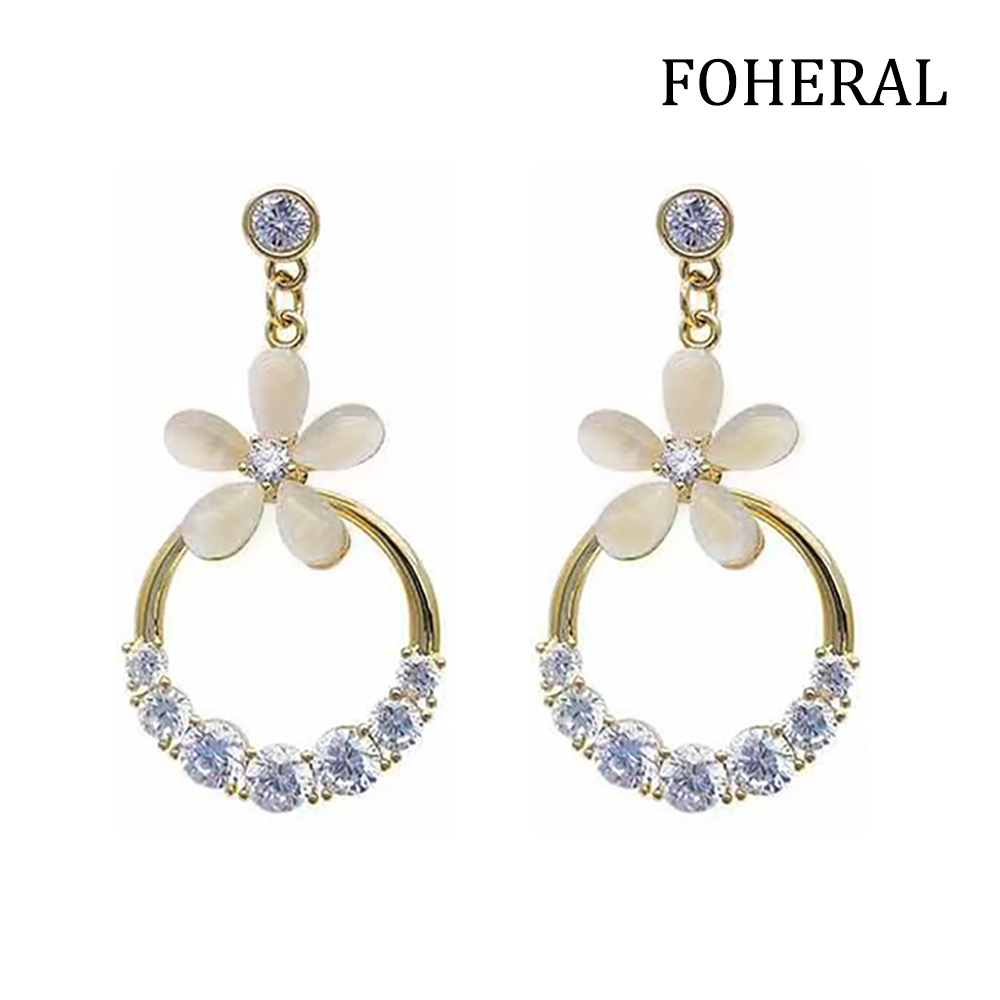 FOHERAL Earrings,Fashion Zircon Dangle Earring,Cute Opal Flower Hollow Circle Dangle Hoop Earrings for Women Girls