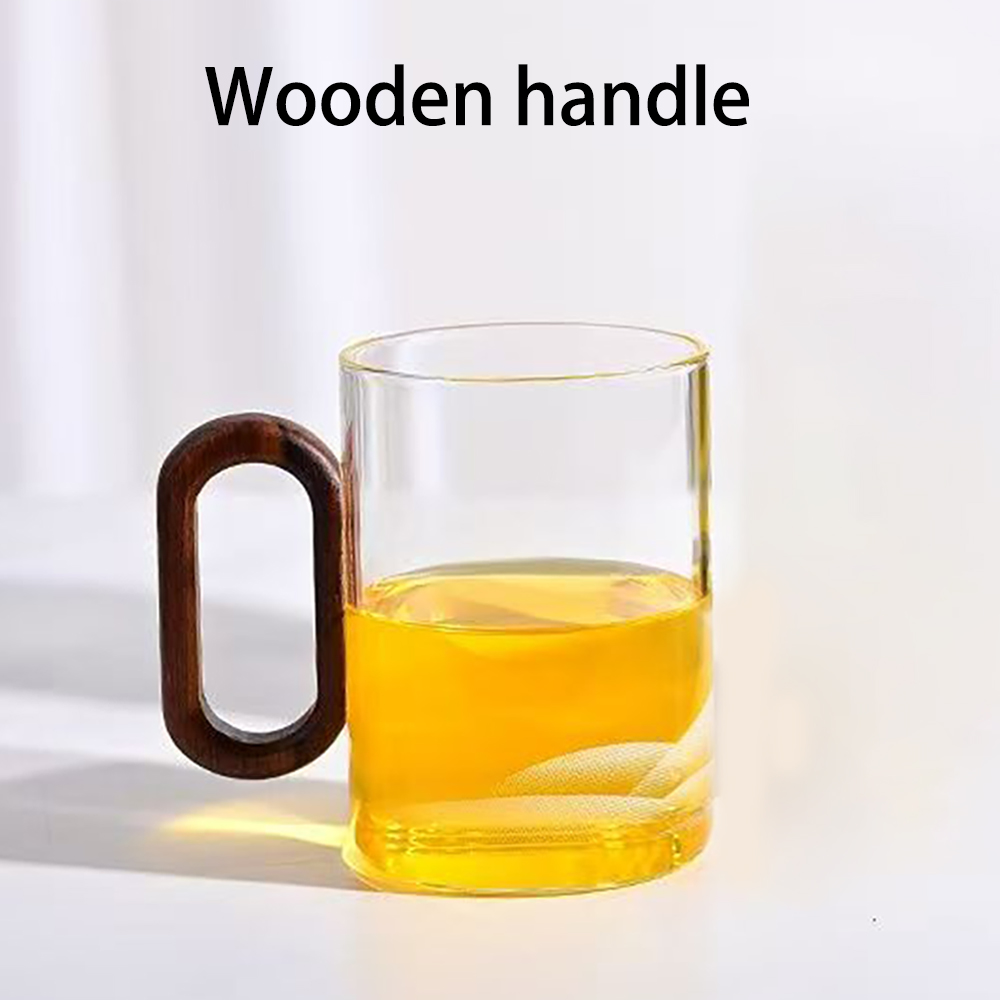 Qanoreth Drinking Cups, Minimalist Transparent Glass Mug with Creative Wooden Handle | Coffee & Tea Cup 250ML