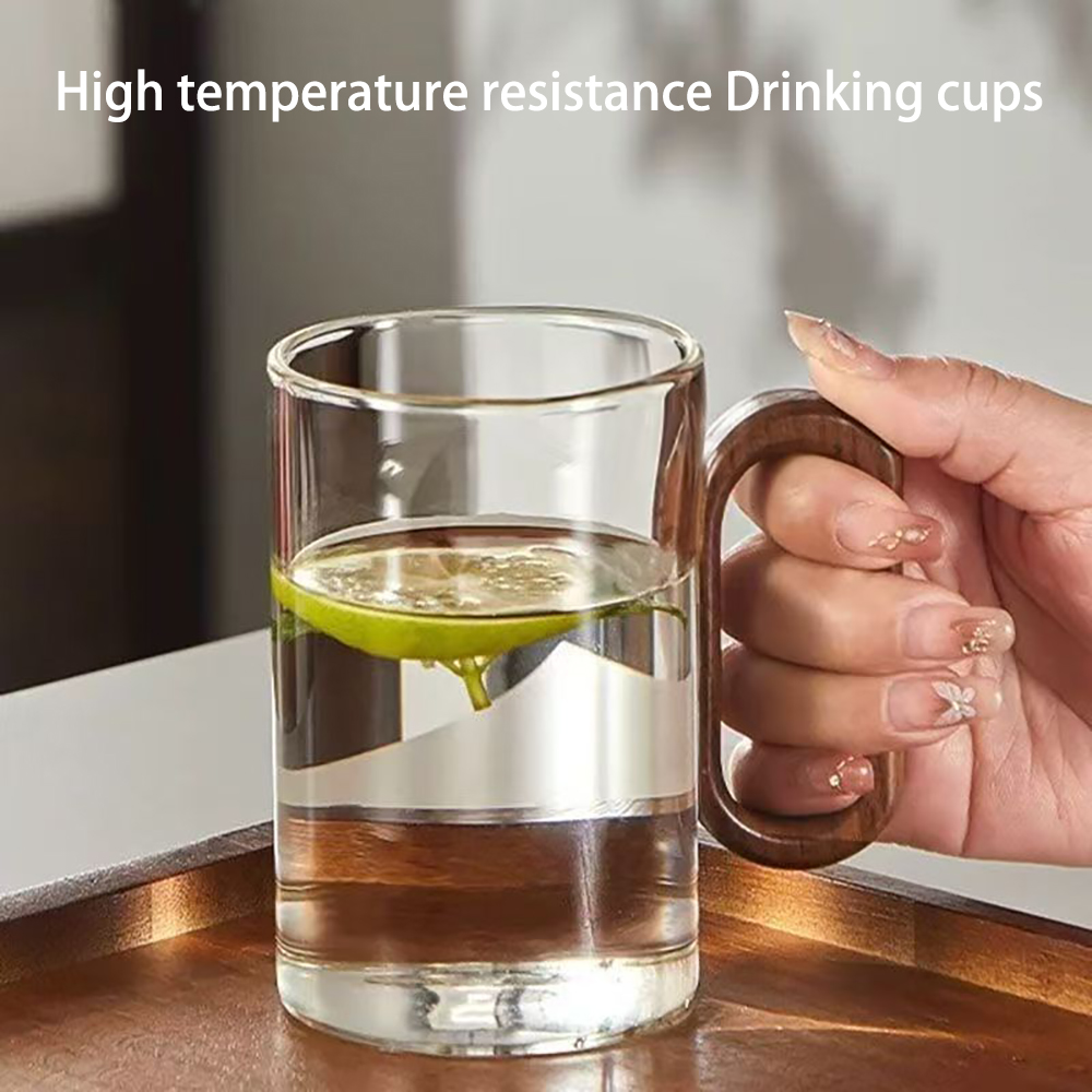 Qanoreth Drinking Cups, Minimalist Transparent Glass Mug with Creative Wooden Handle | Coffee & Tea Cup 250ML