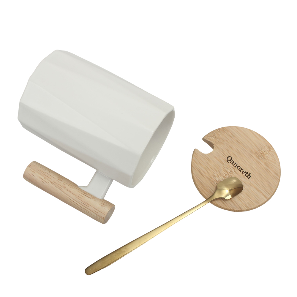 Qanoreth Mugs,330ml Unique Ceramic Mug with Bamboo Lid & Gold-Tone Spoon | Ideal for Coffee, Tea, and Water at Home or Office