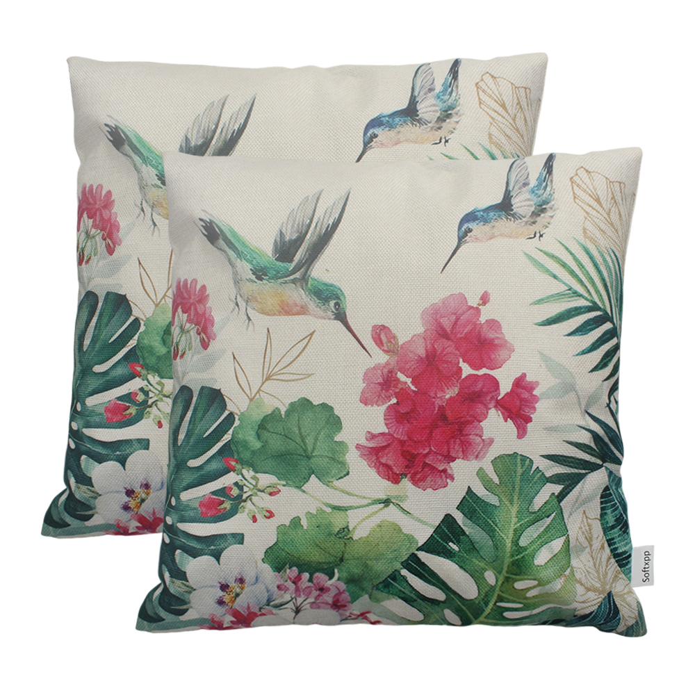 Softxpp Throw Pillow case,Hummingbirds&Tropical Flower Leaves Farmhouse Summer Cushion Pillow Covers for Office Bedroom Home Decorative 18 X 18 Inch,2 Pack