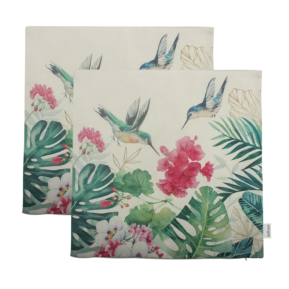 Softxpp Throw Pillow case,Hummingbirds&Tropical Flower Leaves Farmhouse Summer Cushion Pillow Covers for Office Bedroom Home Decorative 18 X 18 Inch,2 Pack