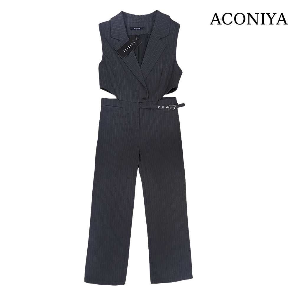 ACONIYA Jumpsuits,Women's Sleeveless Pinstripe Sleeveless Wide Leg Jumpsuit With Pockets ﻿