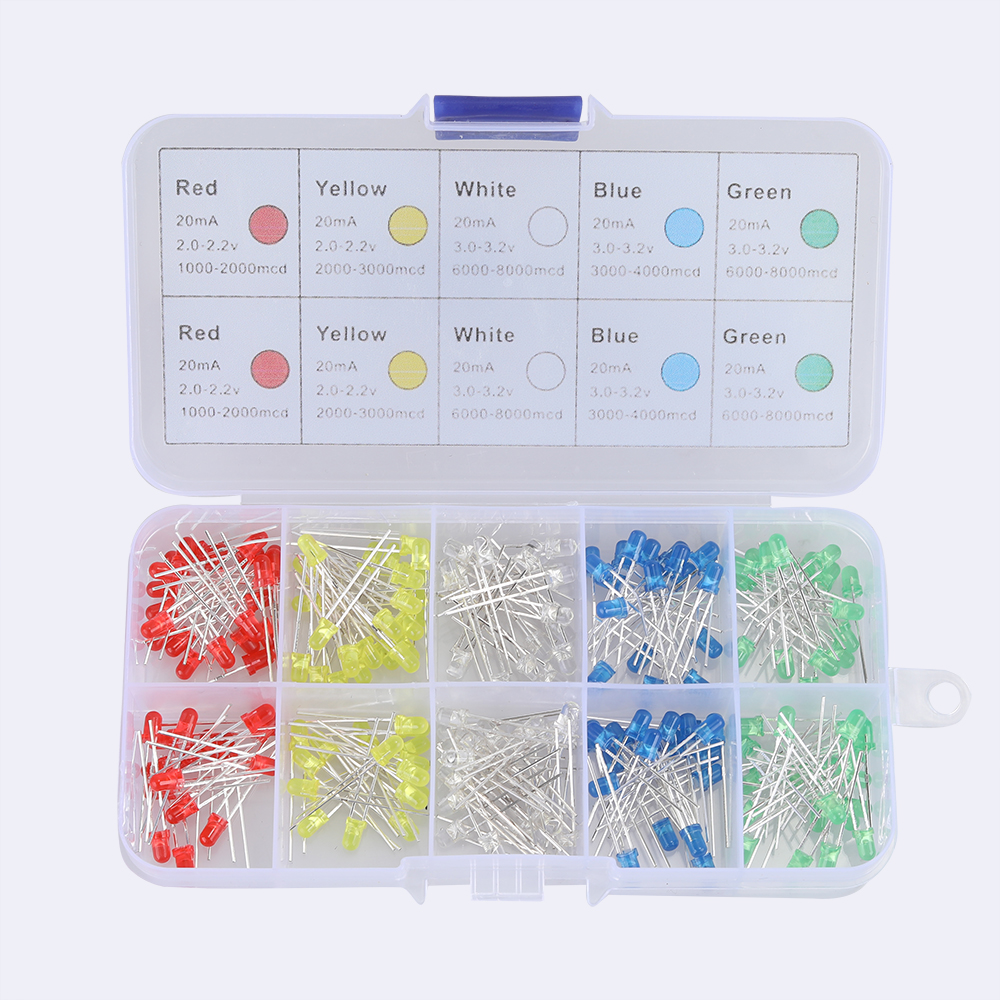Xiaduo 100pcs 3mm Assorted Color 2-pin Diffused LED Light Emitting Diodes Set（5 Colors x20pcs）.
