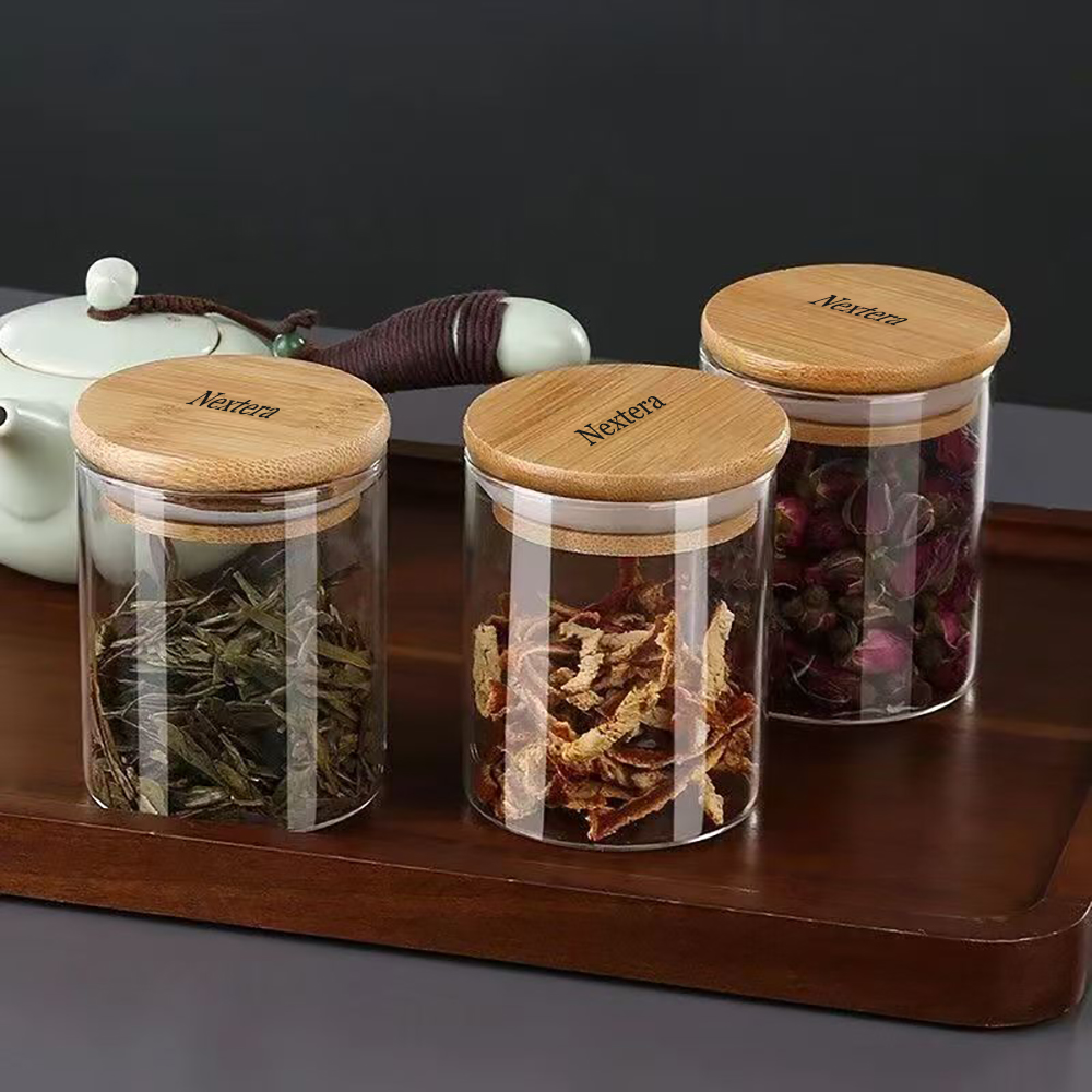 Nextera Containers for Household or Kitchen,200ML Clear Glass Storage container with bamboo Lid,for Beans, Rice, Sugar, Cookie Coffee and etc 2PCS