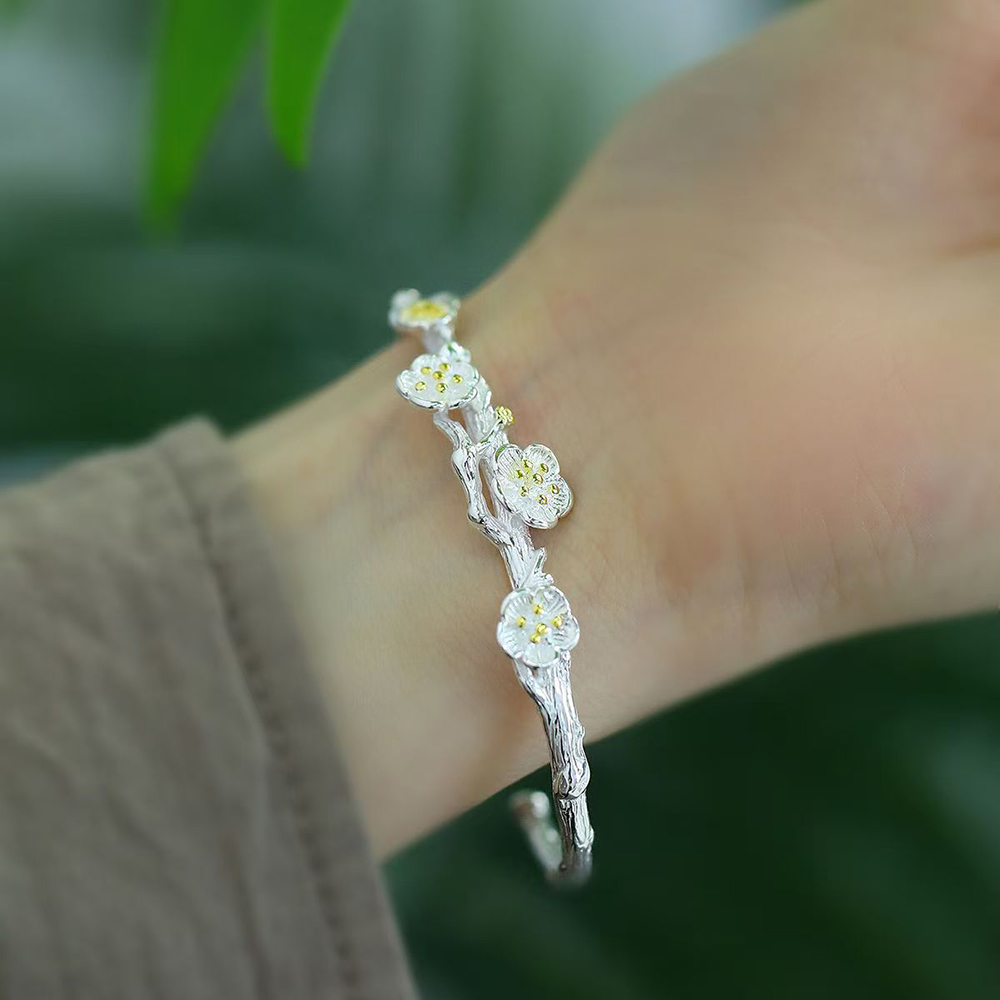 KIOGIU Bangles,S925 Sterling Silver Plum Blossom Branch Bracelet - Vintage-Inspired Open Cuff Bangle for Women, Perfect for Daily Wear, Parties, and Anniversary Gifts