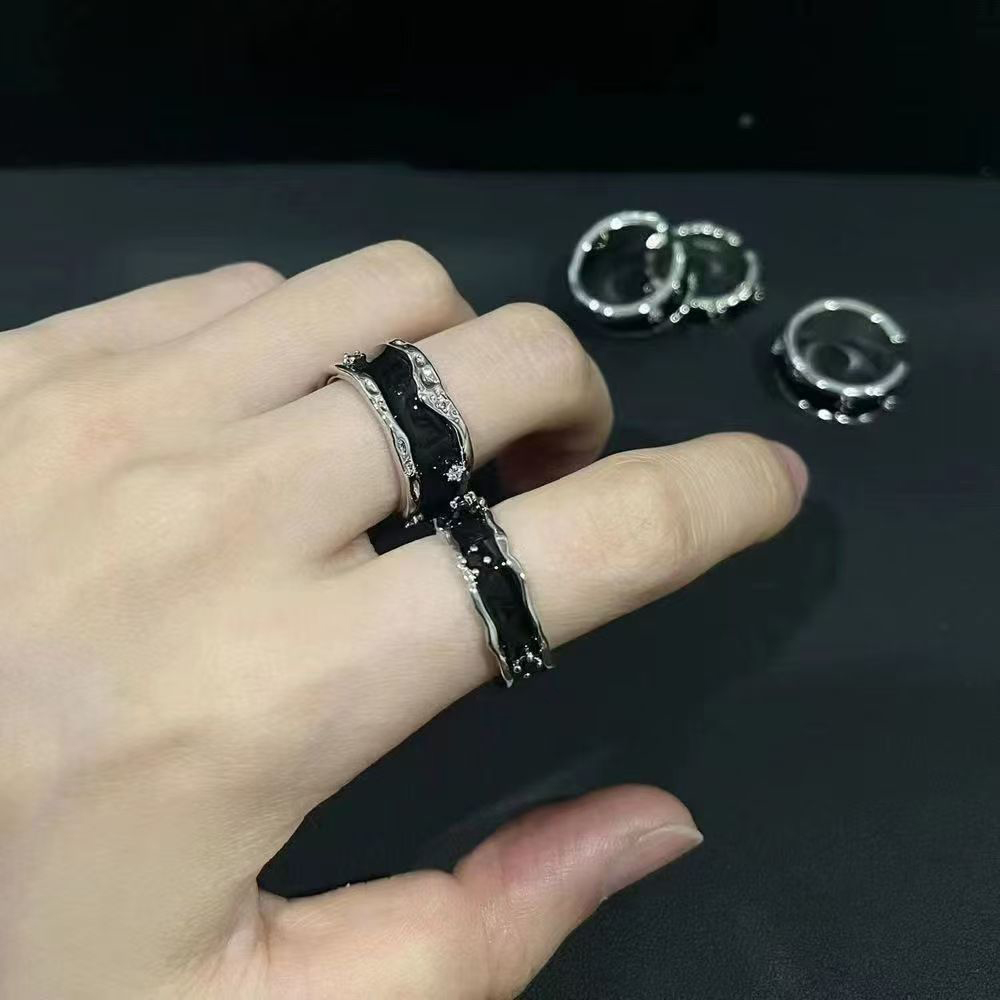 KIOGIU Rings,S925 Sterling Silver Irregular Black Enamel Couple Rings, Crystal Studded Adjustable Rings for Daily Wear, Anniversaries & Valentine's Day