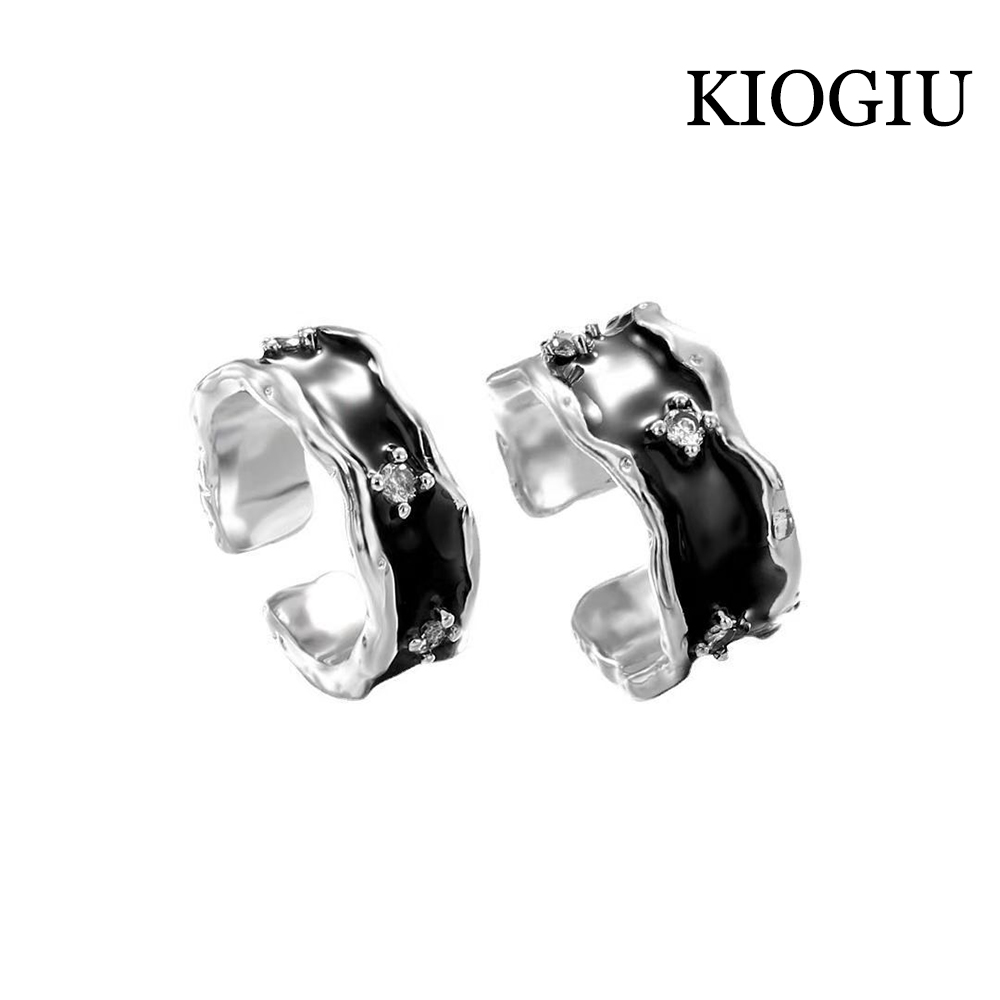 KIOGIU Rings,S925 Sterling Silver Irregular Black Enamel Couple Rings, Crystal Studded Adjustable Rings for Daily Wear, Anniversaries & Valentine's Day