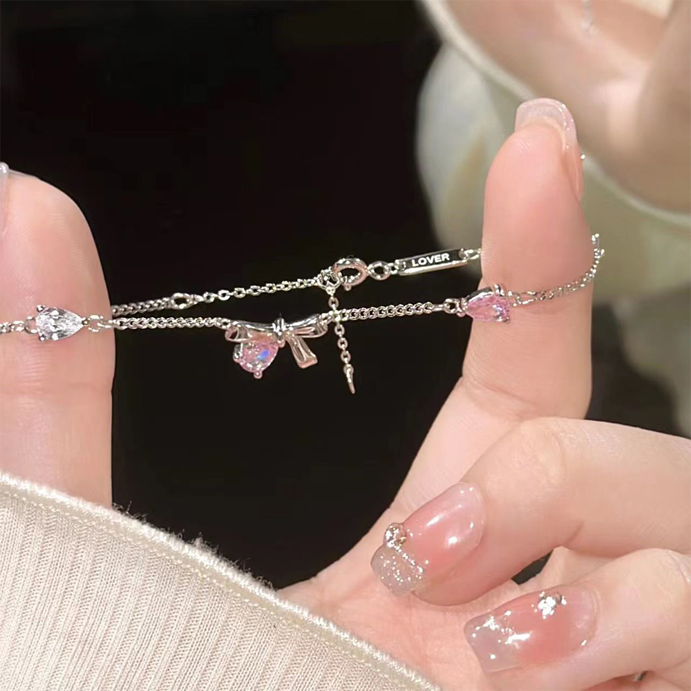 KIOGIU Bracelets,S925 Sterling Silver Bow Bracelet with Pink & Clear Crystals - Dainty Romantic Jewelry for Girlfriend, Perfect for Valentine's Day & Anniversaries
