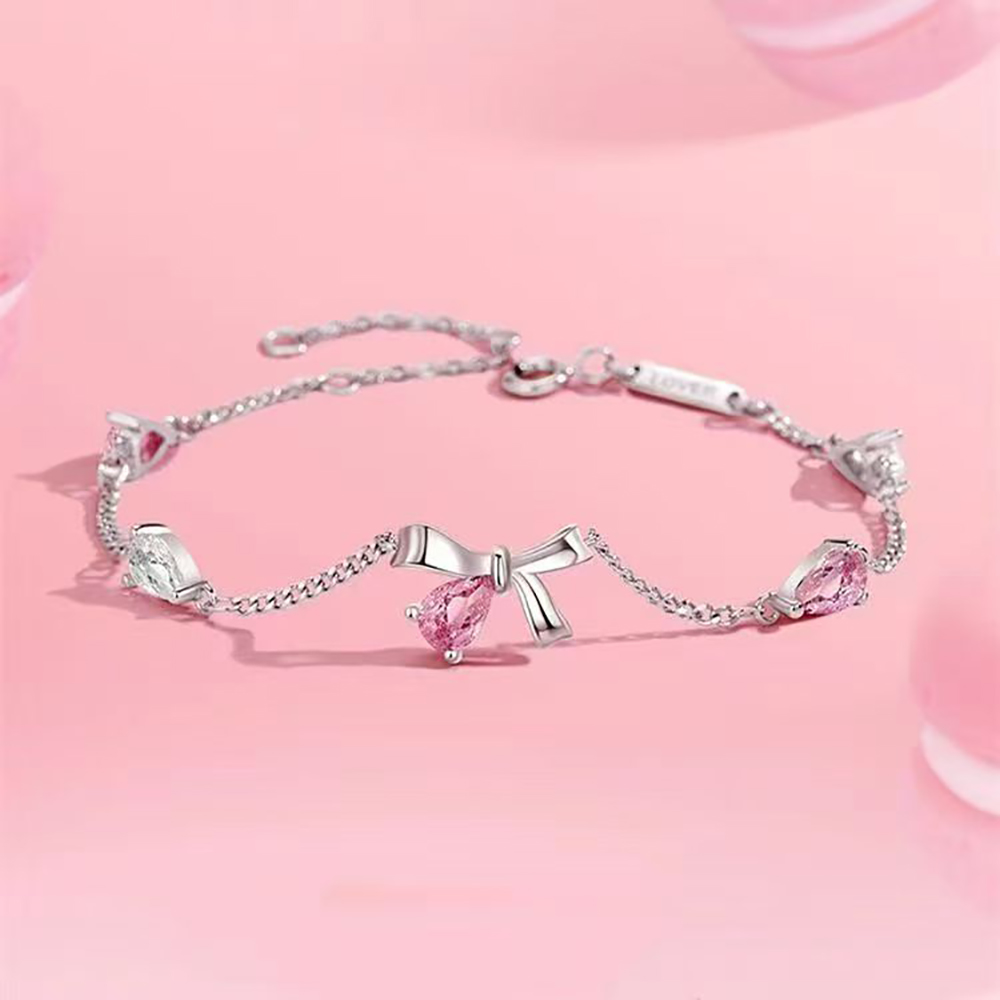 KIOGIU Bracelets,S925 Sterling Silver Bow Bracelet with Pink & Clear Crystals - Dainty Romantic Jewelry for Girlfriend, Perfect for Valentine's Day & Anniversaries