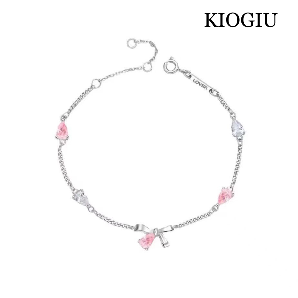 KIOGIU Bracelets,S925 Sterling Silver Bow Bracelet with Pink & Clear Crystals - Dainty Romantic Jewelry for Girlfriend, Perfect for Valentine's Day & Anniversaries