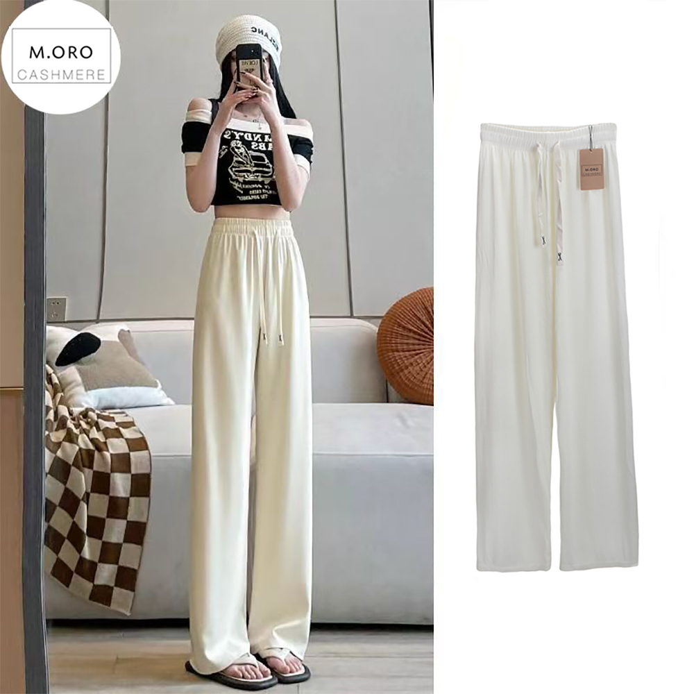 M. ORO CASHMERE Women's Comfy Casual Lounge Pants - High Waisted Knit Palazzo Trousers with Drawstring for Home, Yoga & Everyday Wear