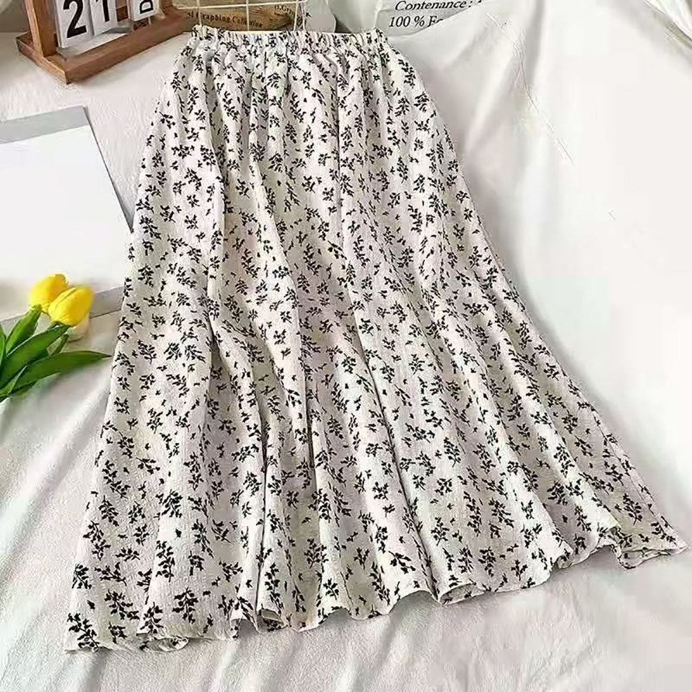 M. ORO CASHMERE Women's Floral Print Skirts,Casual Loose A-Line Elastic Waist Pleated Maxi Skirt
