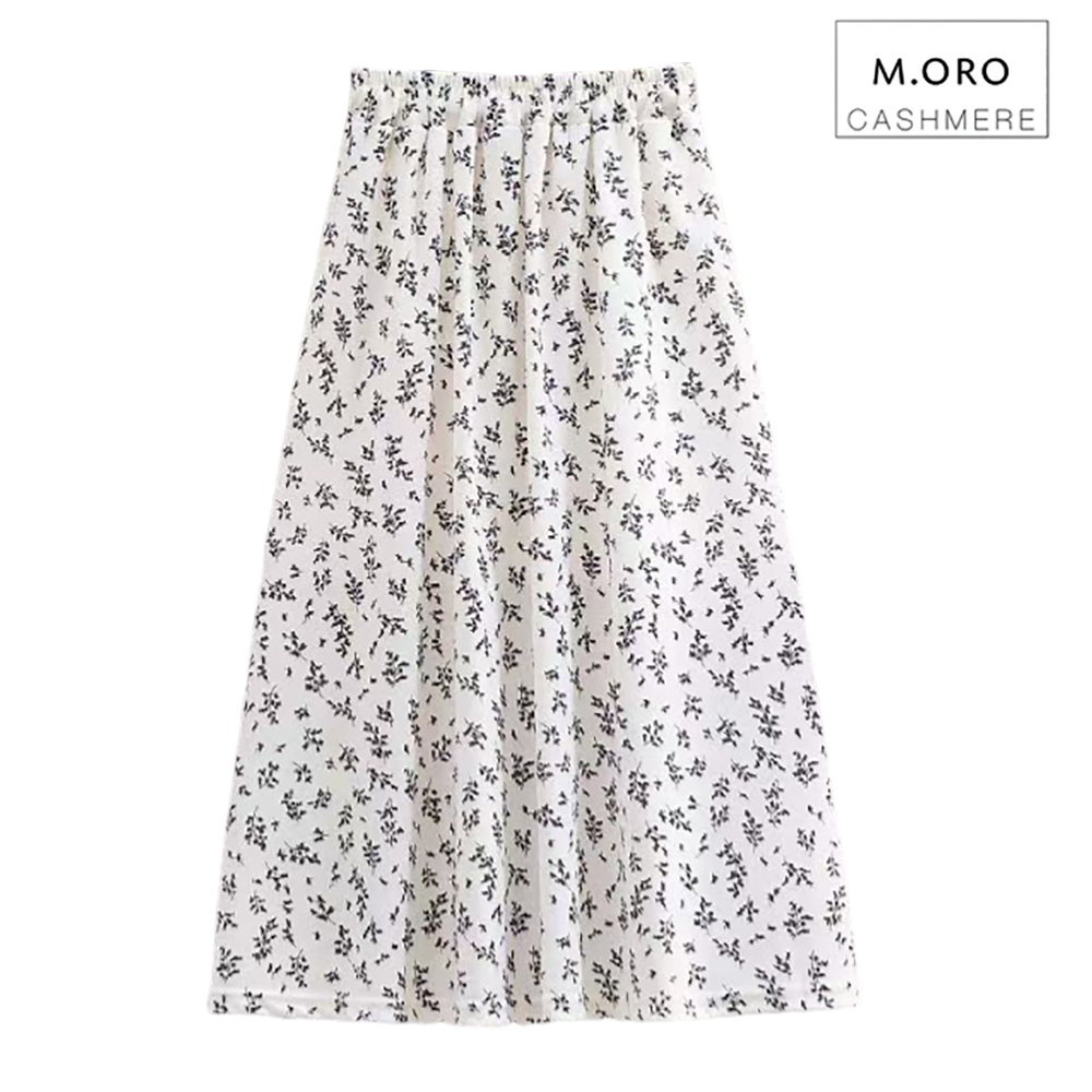 M. ORO CASHMERE Women's Floral Print Skirts,Casual Loose A-Line Elastic Waist Pleated Maxi Skirt