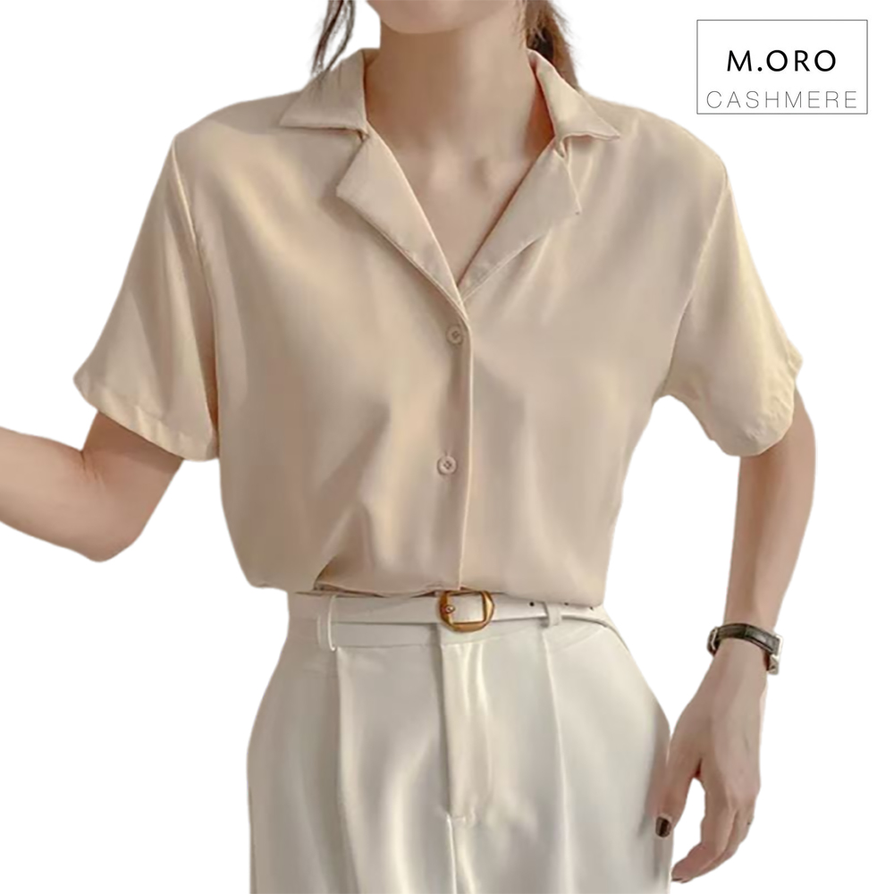 M. ORO CASHMERE Women's Business Casual Blouses,Short Sleeve Lapel V-Neck Button Down Shirts,Solid Color Silky Drapey Tops for Work & Office Wear
