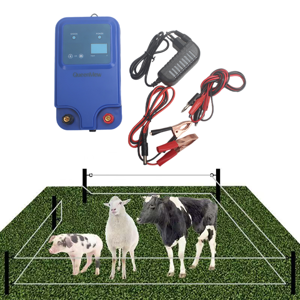 QueenMew Electrified Fences Kit with Wire, Energizer & Adapter for Wildlife Prevention, Farm, Poultry,Garden