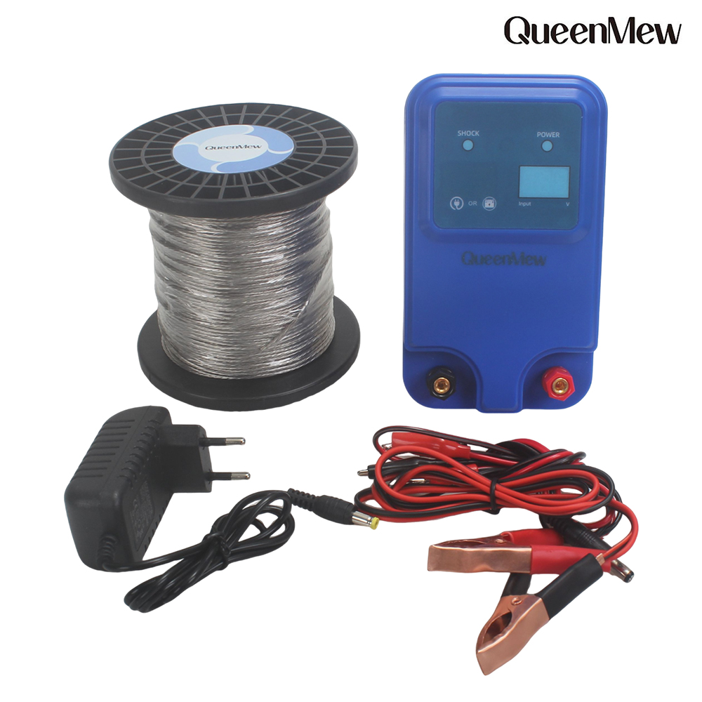 QueenMew Electrified Fences Kit with Wire, Energizer & Adapter for Wildlife Prevention, Farm, Poultry,Garden