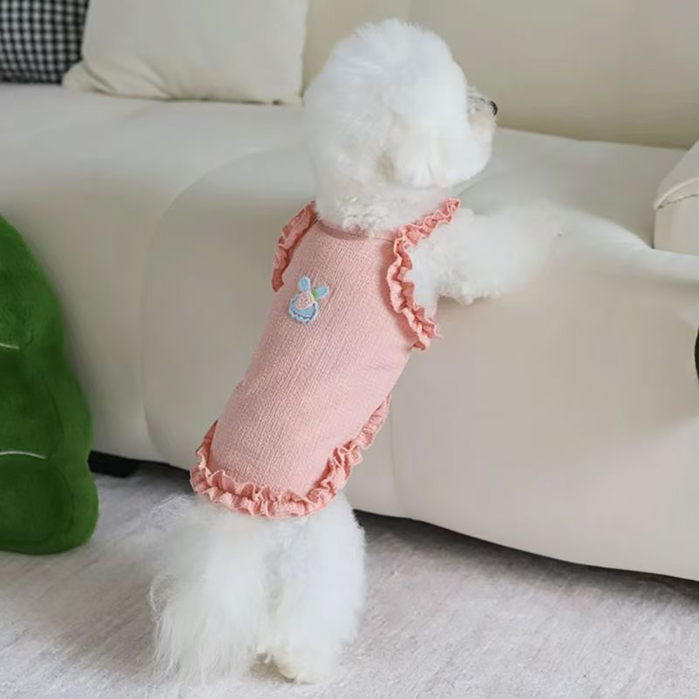 Dewormer Cute Puppy Clothes for Small Dogs, Summer Breathable Cotton Dog Tank Top Vest, Pink Ruffle Shirt with Bunny Appliqué for Daily Wear & Walking