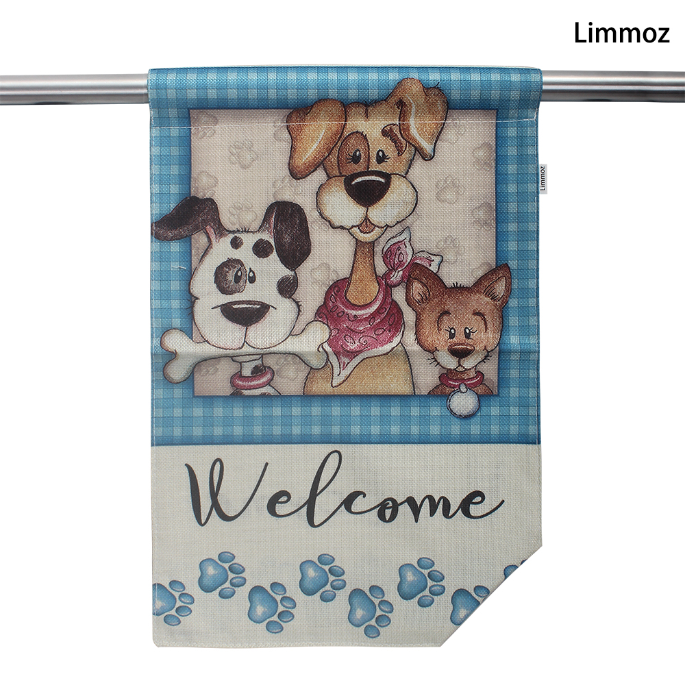 Limmoz Cute Dogs Welcome Fabric Garden Flag – Double Sided Home Decor for for Garden, Balcony, Outdoor Living Spaces 12x18inch