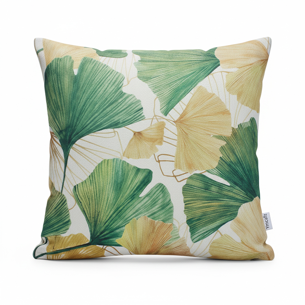 Ymcafz Ginkgo Leaf Decorative Pillow Covers 18x18inch Set of 2, - Modern Green & Gold Botanical Throw Cushion Cases for Sofa Couch Living Room Bedroom