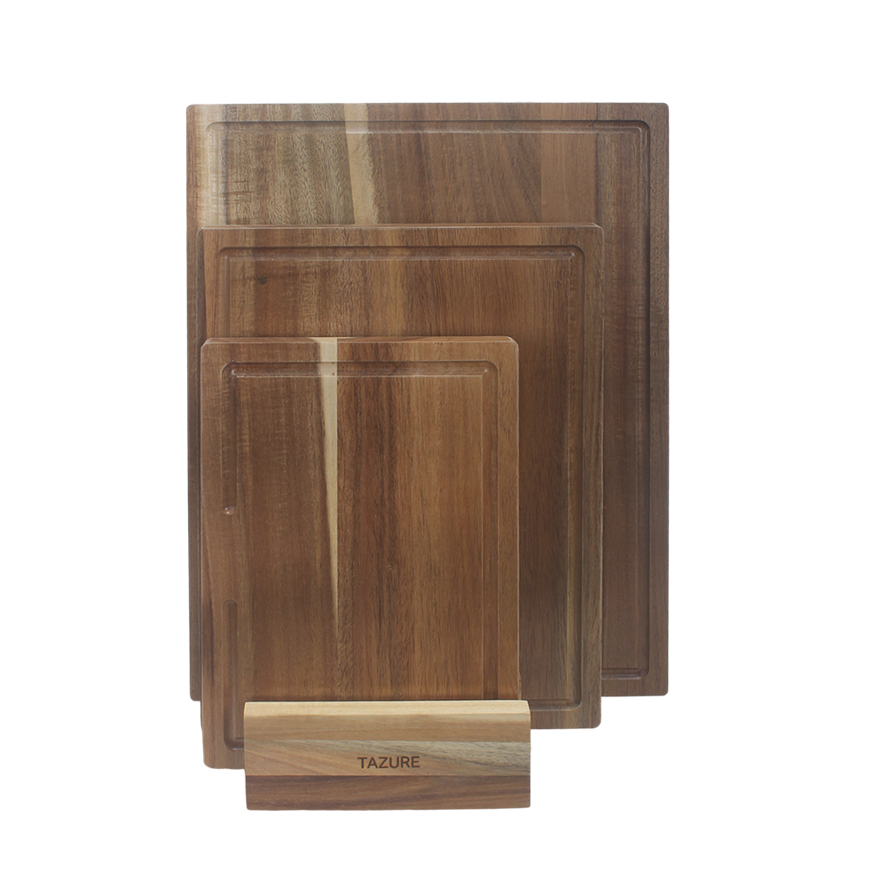 TAZURE 3-Piece Wood Cutting Board Set with Holder,Kitchen Chopping Boards with Juice Grooves,Ideal for Meat, Vegetables, Bread, and as a Charcuterie Platter