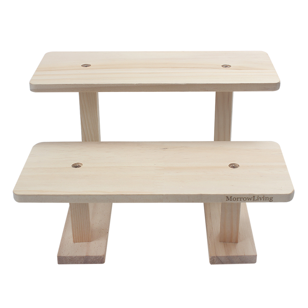MorrowLiving Multipurpose 2-Tier Wooden Display Stands, Natural Wood Tabletop Riser for Retail Display, Dessert Tables, Potted Plants, and Home Decor Organizer