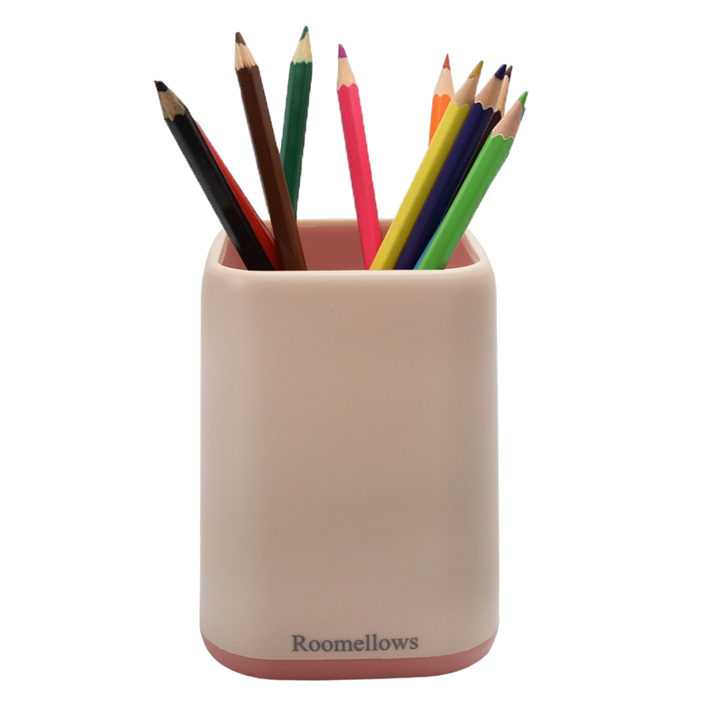 Roomellows Desk Pen Holder Organizer for Office & Home - Stylish Pink & Beige Square Pencil Cup for Pens, Pencils, Markers & More