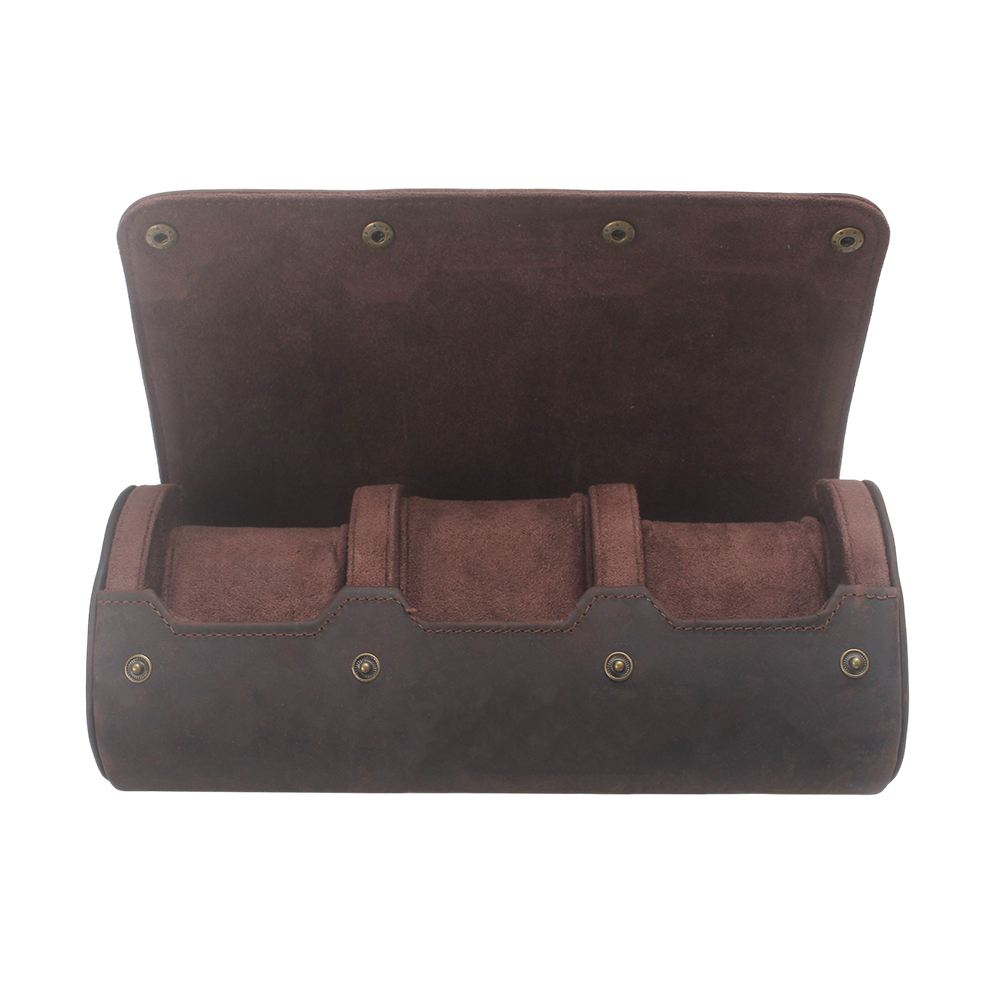 HAPPY HACHI Vintage Crazy Horse Leather Watch Roll Case, Portable Travel Watch Organizer for 3 Watches - Leather Watch Case for Daily Display & Business Travel