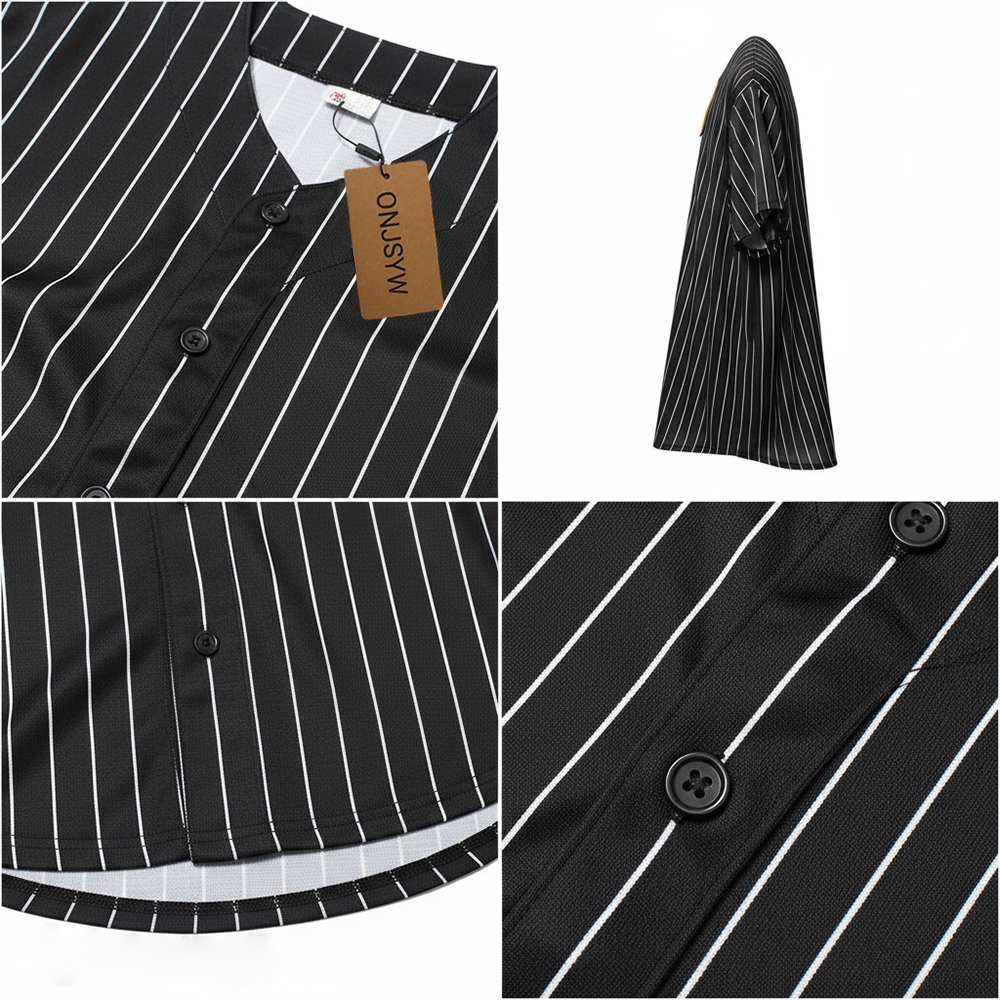 ONJSYW Comfortable Black & White Pinstripe Baseball Uniform Shirt - Vintage Style for Sports, Parties, & Streetwear