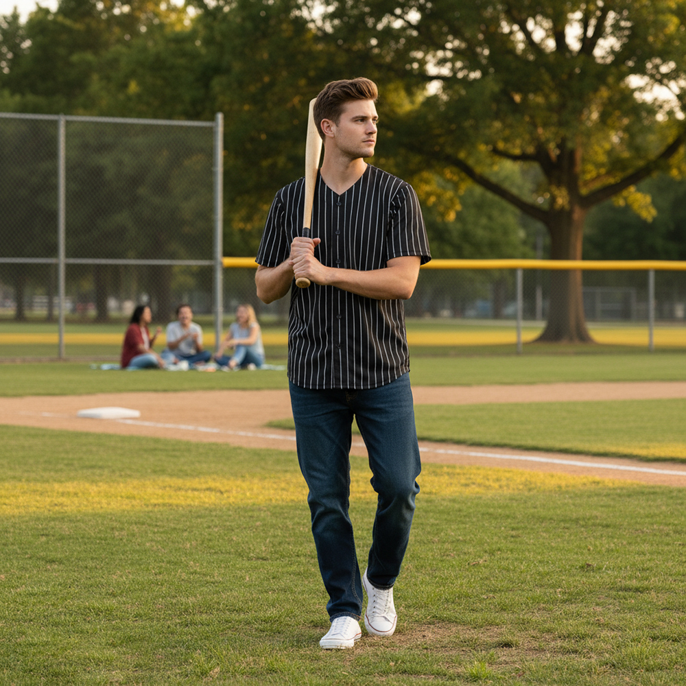 ONJSYW Comfortable Black & White Pinstripe Baseball Uniform Shirt - Vintage Style for Sports, Parties, & Streetwear