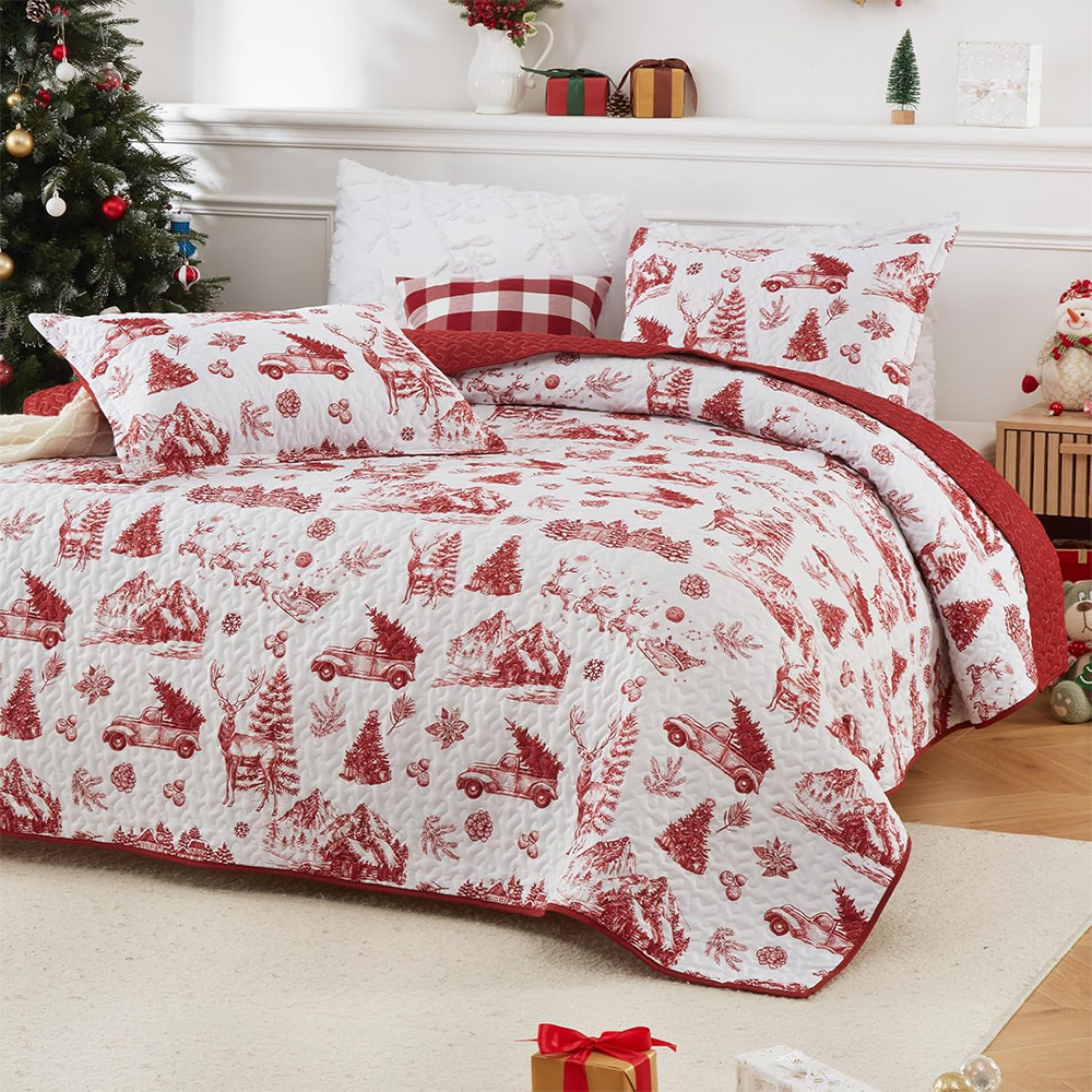 DreLunis Farmhouse Christmas Bed Quilt with Vintage Truck,Tree Pattern,Reindeer & Mountain - Elegant Red & White Farmhouse Style Bedding for Guest Room & Master Bedroom - Lightweight Warm
