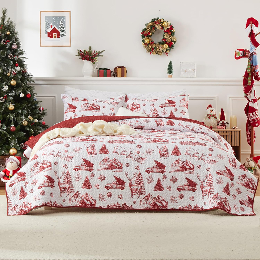 DreLunis Farmhouse Christmas Bed Quilt with Vintage Truck,Tree Pattern,Reindeer & Mountain - Elegant Red & White Farmhouse Style Bedding for Guest Room & Master Bedroom - Lightweight Warm