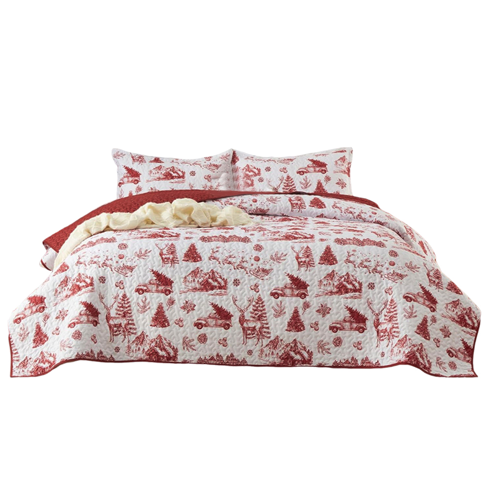 DreLunis Farmhouse Christmas Bed Quilt with Vintage Truck,Tree Pattern,Reindeer & Mountain - Elegant Red & White Farmhouse Style Bedding for Guest Room & Master Bedroom - Lightweight Warm