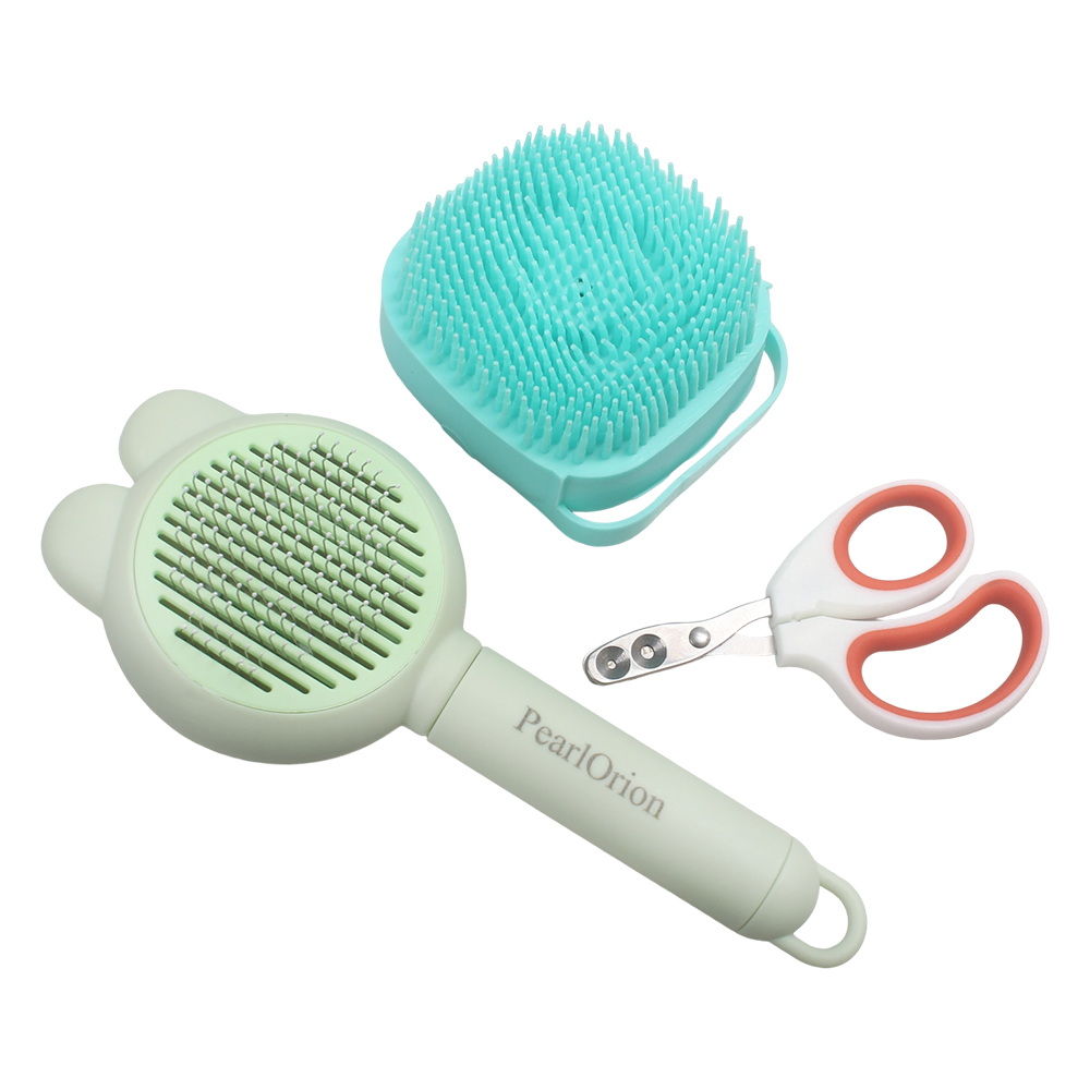 PearlOrion Pet Grooming Tools Kit with Self-Cleaning Slicker Brush, Silicone Bath Scrubber, and Nail Clippers for Dogs & Cats – Essential Combs and Brushes for Daily Grooming