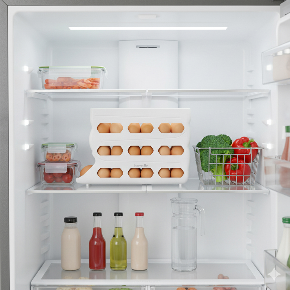 Junverelle Stackable Plastic Egg Dispenser for Refrigerator - Automatic Rolling Egg Storage Holder with Gravity Feed for Domestic Kitchen Use